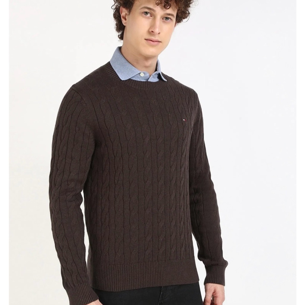 Tommy Hilfiger Men's Cotton Cable Knit Crewneck Sweater Brown. Size Large